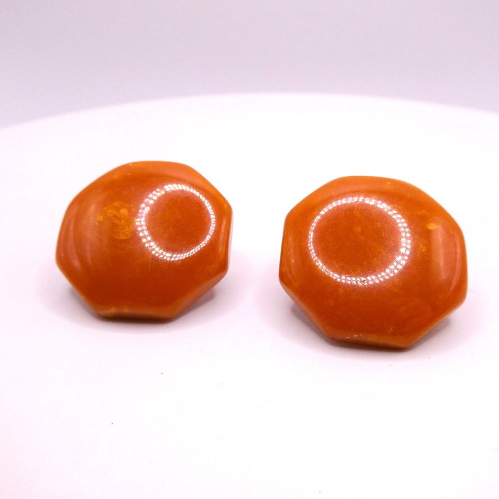 Orange Bakelite Stop Sign Geometric Button Earrings Clip-on 1" Vintage